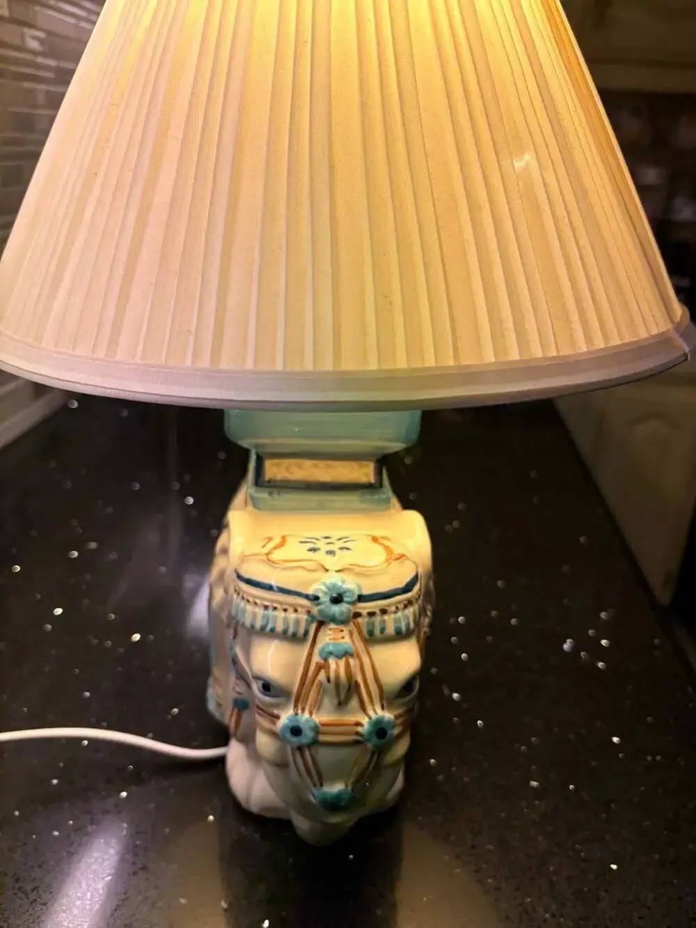 Vintage Ceramic Elephant Table Lamp Blue White Gold Accents With Shade